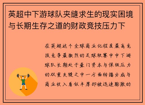 英超中下游球队夹缝求生的现实困境与长期生存之道的财政竞技压力下