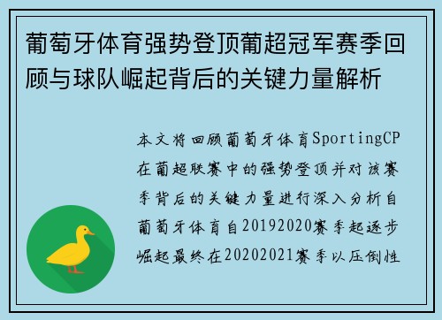 葡萄牙体育强势登顶葡超冠军赛季回顾与球队崛起背后的关键力量解析 葡萄牙体育强势登顶葡超冠军赛季回顾与球队崛起背后的关键力量解析